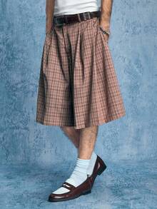 ROMWE MEN Street Life 男士钢琴格纹休闲宽松百搭短裤 - 棕色 - 查看 9