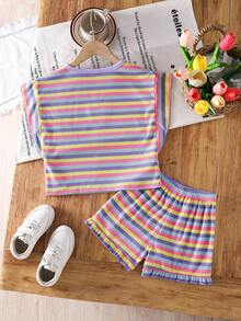 Emery Rose Kids Emery Rose Kids 2件套女童针织圆领条纹印花休闲T恤和短裤套装 - 紫色 - 查看 6