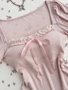 Elamini Damen süße hellrosa Schleife Rüschen Saum Kurzarm Top - Babypink - Übersicht 4