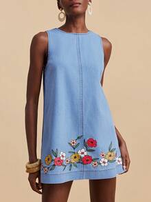 Travachic 女士碎花圆领无袖休闲宽松牛仔连衣裙 - 淺色水洗藍 - 查看 1