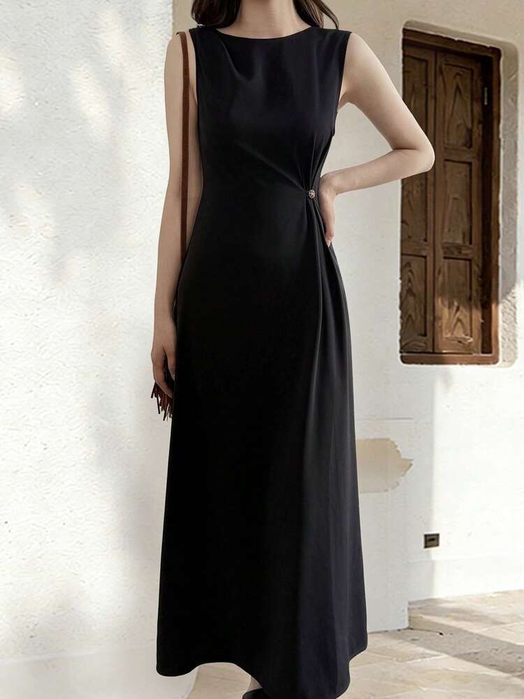 Women's Solid Color Round Neck Waist Button Design Sleeveless Elegant Dress Summer Sun Dresses For Women
