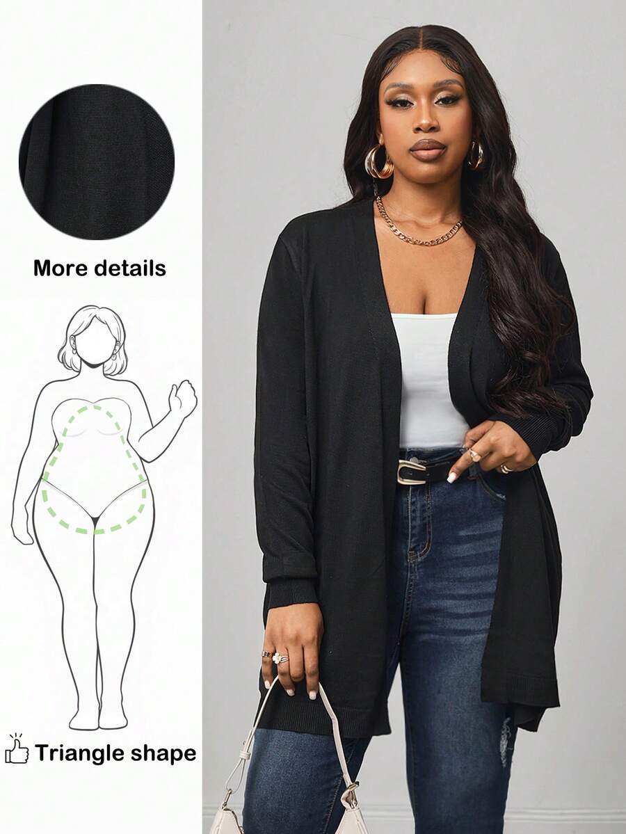 Truni Cárdigan De Punto Negro Sólido Con Frente Abierto Para Tallas Grandes - Negro - Ver 1