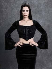 Glisette 2pcs Women's Fashionable Black Velvet & Lace Patchwork Set - Black - View 4