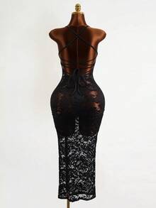 Mistrie Vestido largo de encaje floral negro - Tirantes delgados - Vestido largo transparente y sexy - Negro - Ver 2