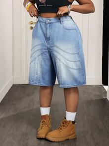 Slaydiva 大码夏季休闲街头水洗斜插口袋宽松牛仔裤 - 藍色 - 查看 3