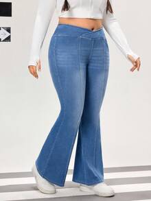 Flexra Plus Size Women's Fashionable Casual Washed Flare Jeans - Blue - View 3
