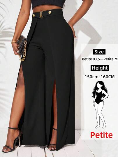 SHEIN Lady Petite Lady Petite Petite Women's Solid Color Simple Daily Split Hem Long Pants, Ladies Late Fall Casual Split, Split Thigh High Waist Wide Leg Extra Long Pants, Casual Daily Wear Valentine's Day Beach For Women Spring Party Graduation Ceremony Party Graduation Pants