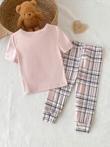 2pcs Baby Girls Elegant Pink Black White Plaid Bear Bow Print Round Neck Long Sleeve Top And Plaid Pants Snug Fit Comfortable Homewear Set - Pink - View 2