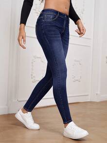 SHEIN Essnce Women's Pocket Skinny Casual Versatile Denim Jeans - Dark Wash - View 6