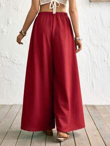 Florisole Women's Elegant Contrast Lace Wide Leg Pants, Solid Color - Red - View 6