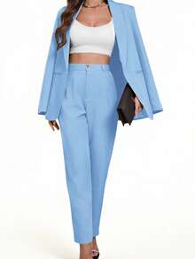 Aveloria Modichic Blazer Kasual Warna Polos dengan Kerah Berlekuk, Musim Semi/Gugur - Baby Blue - View 6