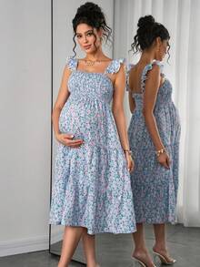 Momance Maternity Sleeveless Square Neck Ruffle Hem Casual Bohemian Midi Dress, Suitable For Baby Shower Photo Shoot - Multicolor - View 3