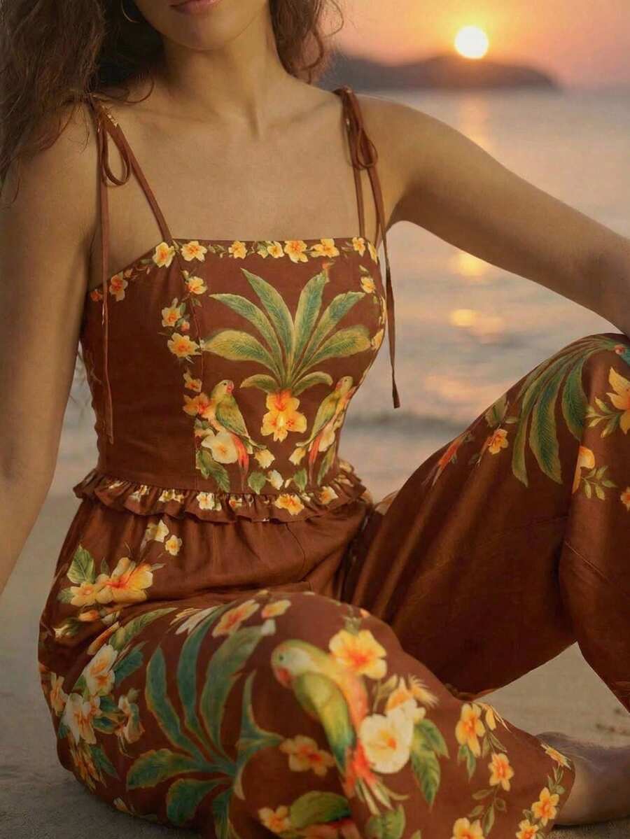 CAJUNI 女士休闲度假热带风情吊带露肩无袖蝴蝶结鹦鹉花叶印花长款连体裤，约会连体裤，休闲优雅连体裤 - 棕色 - 查看 1