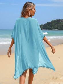 Swim Vcay 女士纯色V领宽松流苏装饰沙滩度假罩衫连衣裙，春夏秋季 - 淺藍色 - 查看 2