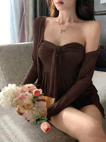 DAZY 2pcs Women Solid Color Casual Twist Camisole And Cardigan Set Summer - Coffee Brown - View 3