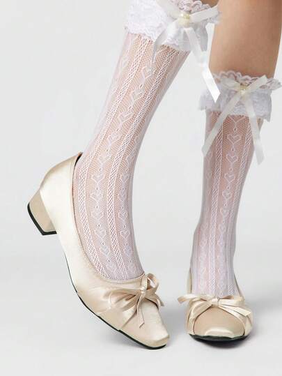 ROMWE Kawaii Women's Bow Decor Fashionable High Heel Shoes, Versatile For Daily Wear