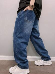 Manfinity Homme Men's Casual Fashion Street Distressed Denim Jeans, Suitable For Daily Commute - Medium Wash - View 2