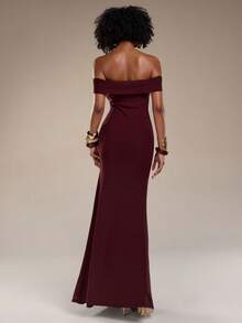 Normani Vestido Longo de Coquetel com Ornamento Dourado na Frente e Ombros à Mostra para Festa à Noite - Vinho - Visão 2