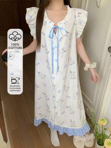 DAZY Sweet Rabbit Print Plaid Ruffle Hem Loose Women Summer Nightgown - White - View 3