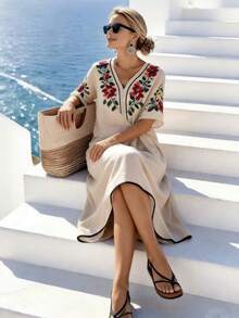 SHEIN Holidaya 短袖V领系腰印花休闲连衣裙，适合春、夏、秋、冬四季穿着，杏色，优雅女士连衣裙，适合度假，优雅时尚的通勤休闲装，适合约会和感恩节穿着。女士度假连衣裙，米色连衣裙，夏季优雅连衣裙，地中海风格女装，优雅经典度假装，女士度假连衣裙，女士连衣裙，最新款连衣裙 - 杏色 - 查看 5