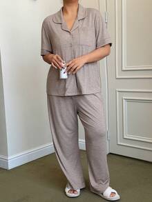 Dream Adore Plus Size Women Loose Comfortable Knit Collared Short Sleeve Pajama Set - Mocha Brown - View 5