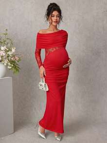 Momance Robe de maternité en dentelle à design patchwork, robe blanche, robe ajustée élégante à manches longues pour femmes enceintes, printemps/automne - Rouge - Voir 1