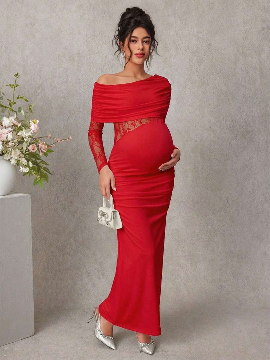 Momance Robe de maternité en dentelle à design patchwork, robe blanche, robe ajustée élégante à manches longues pour femmes enceintes, printemps/automne - Rouge - Voir 1