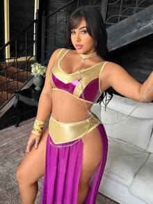Fantasy Costume Plus Size Vintage Sleeveless V Neck Backless Long Textured Pattern PU Costume Multicolor - Multicolor - View 3