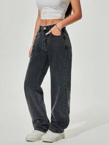 SHEIN ICON 女式休闲直筒宽松牛仔裤 - 黑色 - 查看 4