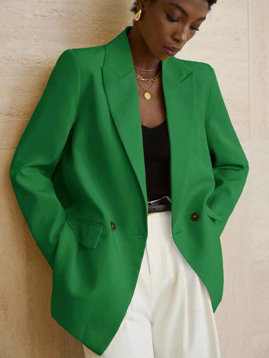 Aveloria Modichic Women's Business Style Solid Color Double-Breasted Blazer Jacket For Commuting, Autumn - Green - View 1