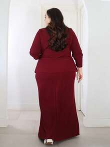 Pretty and Ole Elegancki, dopasowany garnitur dla kobiet w dużych rozmiarach, w jednolitym kolorze, z okrągłym dekoltem i długim rękawem, jednorzędowy top i spódnica z rybim ogonem, jesień - Burgund - Zobacz 2