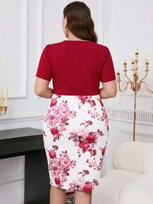 Reflora Plus Size Solid Color Short Sleeve Casual Elegant Sheath Dress Valentines Outfit - Red - View 2