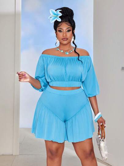 Maweii 大码女式蓝色露肩灯笼袖褶皱上衣，弹性舒适，短裤两件套