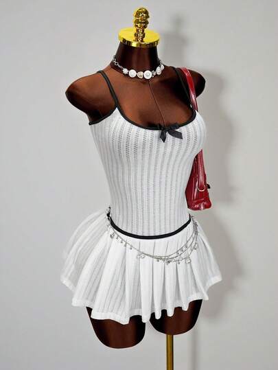 Mistrie Pleated Bow Tie Knit Camisole Dress, Bowknot Decor Waist Gathering Pleated Dress, Soft & Sweet Petite Flattering Bodycon Dress