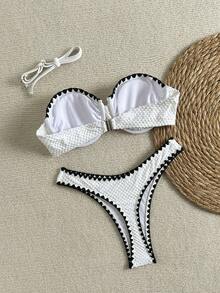 Swim Mod 2pcs/Set Special Fabric Underwire Bandeau Bikini Top And Thong Bottoms Sexy Fashion Swimsuit Set - Black and White - View 7