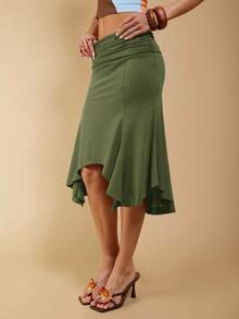 Women's Elegant Asymmetrical Ruched Brown Skirt, Suitable For Spring And Summer - Army Green - View 5