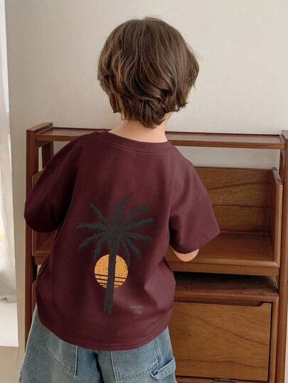 Hapijoa Young Boy Loose Fit Round Neck Short Sleeve Palm Tree Graphic Casual T-Shirt, Summer