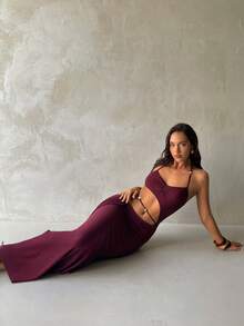 Aloruh 女士新款纯色酒红色连衣裙，吊带性感优雅女士连衣裙，波西米亚串珠装饰女士罩衫，女士度假装，女士沙滩裙 - 酒紅色 - 查看 7