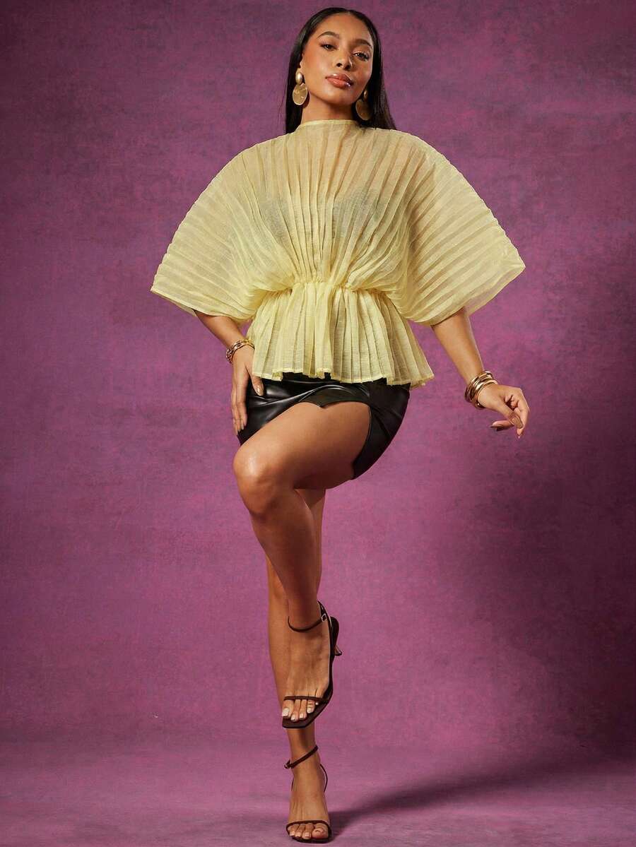 Vixey 薄纱高领长袖荷叶边下摆褶裥纹理欧根纱上衣 - 黃色 - 查看 1