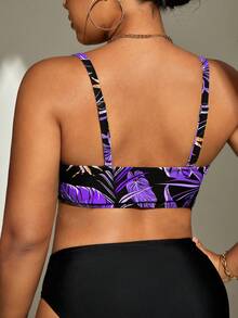 SHEIN Swim Curve Áo bikini hai mảnh họa tiết lá dành cho nữ cỡ lớn, thích hợp cho kỳ nghỉ biển. - Màu tím - Xem 2