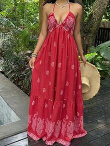 Sunnyshic 女士红色佩斯利腰果花深V领露背系带性感浪漫沙滩度假连衣裙 - 紅色 - 查看 5