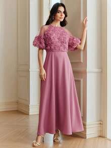 Anewsta 春夏浪漫假日3D立体花卉面料拼接花瓣袖A字腰身优雅派对连衣裙（女款） - 玫紅色 - 查看 5