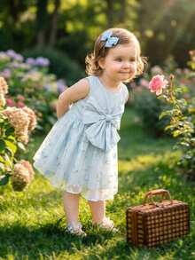 Souflis Souflis 法国新款女婴浅蓝色精致刺绣网纱无袖连衣裙，配3D蝴蝶结，适合派对、外出及各种场合。 - 淺藍色 - 查看 6