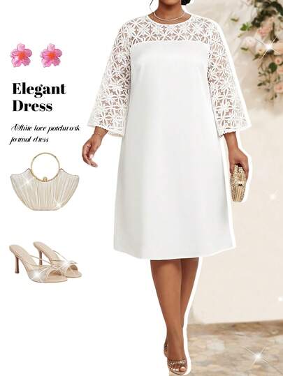 Fleurora Spring And Summer Elegant Commuting Office Work Party Wedding Cocktail Party White Woven Jacquard Mesh Scoop Neck Bell Sleeve Contrast Mesh A Line Dress Midi Three Quarter Length Sleeve Plus Size Dresses Summer Clothes Summer Outfits For Women Party Dress Elegant Dresses For Party  Wedding Guest Dress For Women Wedding Guest Dress Wedding Guest Dresses Bridesmaid Dress Elegant Dresses For Women Elegant Dresses Elegant Dresses For Ladies White Dress White Dresses White Dress For Women Plus Size Elegant Party Solid Color 3D Floral Patchwork Dress