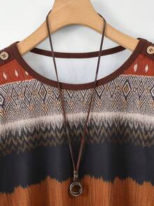 Seusyu Spring & Summer Casual Elegant Knit Textured Element Patchwork Loose Fit Button Front Round Neck Pullover T-Shirt For Plus Size Women - Multicolor - View 4
