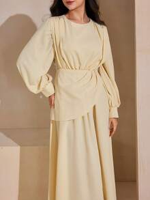 Graceveil 淡黄色优雅褶皱腰带领长袖飘逸连衣裙 - 黃色 - 查看 4