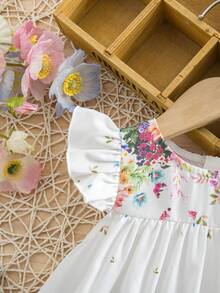 SHEIN Babygirl Elegant Floral Print White Cap Sleeve Dress - White - View 6