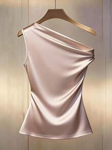 Franclia Blusa sin mangas de unicolor elegante con cintura fruncida, para verano - Champán - Ver 2