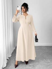 Elenzga Plus Size Elegant Cinched Waist Dress, Minimalist Design, Versatile & Chic, Suitable For Autumn/Winter - Apricot - View 7