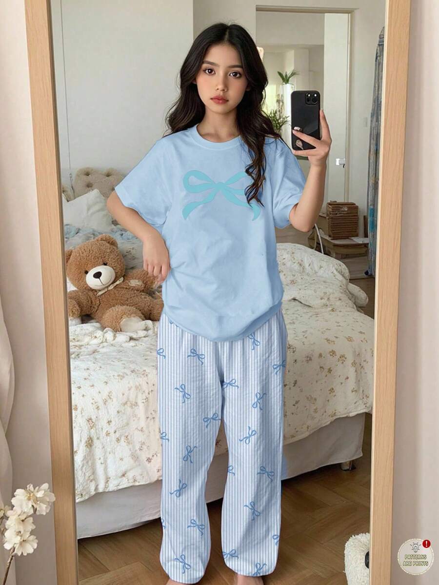 蓝色条纹蝴蝶结印花，少女休闲家居服套装，圆领短袖上衣和宽松长裤，2件套 - 彩色 - 查看 1